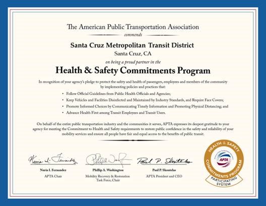 APTA commends Santa Cruz METRO on being a partner in the Health and Safety Commitments Program
