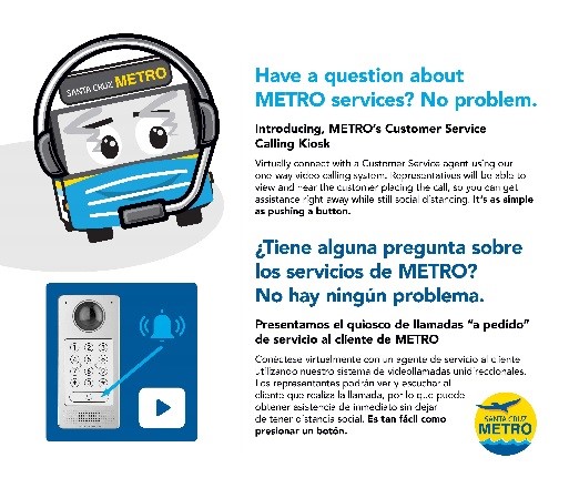 Have a question about METRO services? No problem. Showing mascot Miles with mask and headset