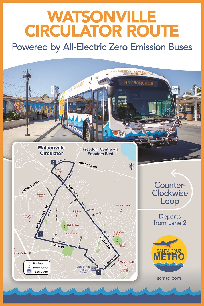 The route will connect the downtown transit center with primary retail and medical destinations in Watsonville. It will operate a clockwise loop and a counterclockwise loop from Watsonville Transit Center, serving Main Street, Green Valley Road, Freedom Centre, Freedom Boulevard and Lincoln Street, connecting commuters with existing local and intercity Bus Lines 69A, 69W, 71, 72/72W, 74S, 75, 79 and 91X